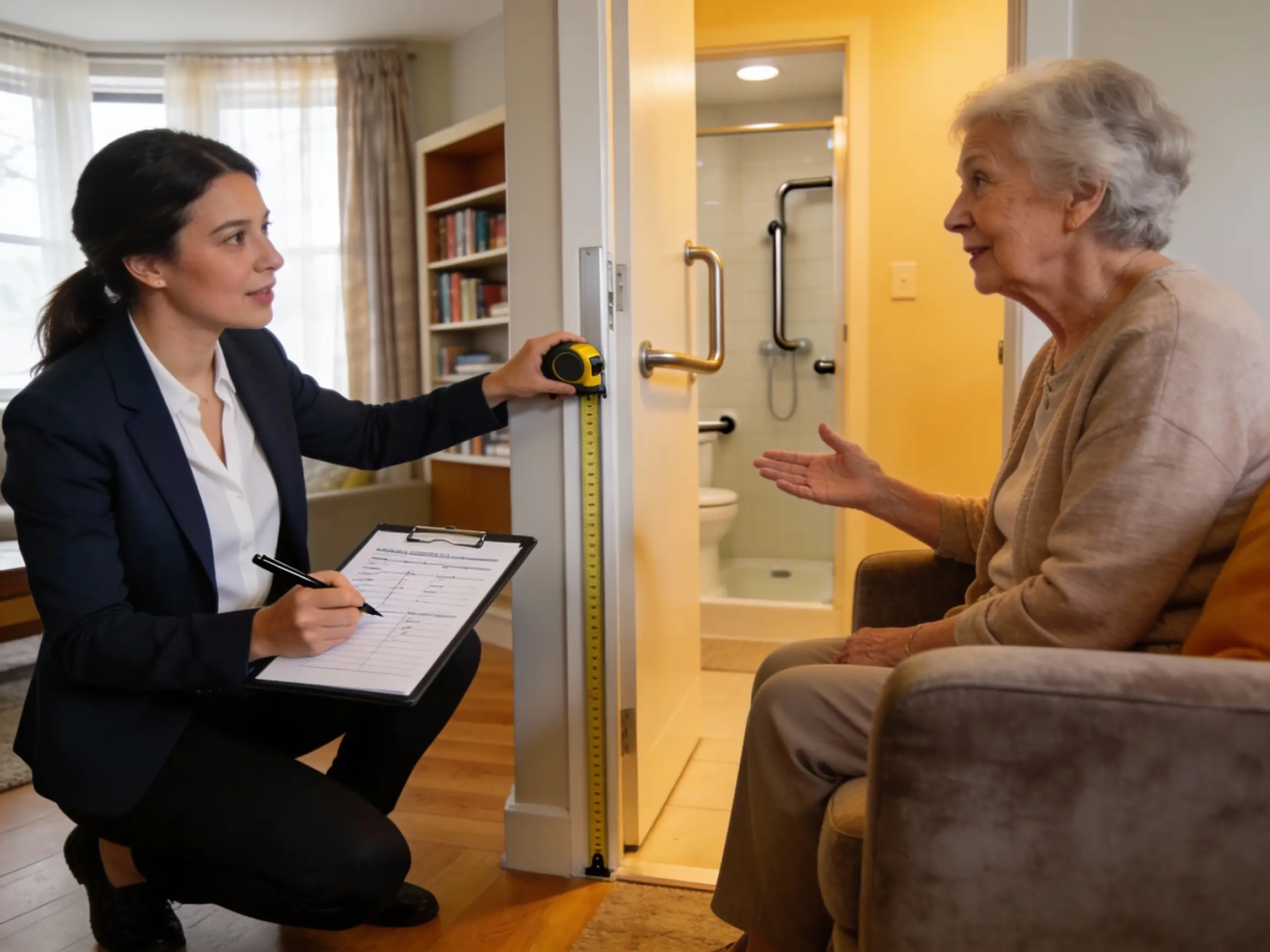 Consultant en accessibilité mesurant une porte et évaluant l'habitat avec une personne âgée pour plan d'adaptation personnalis